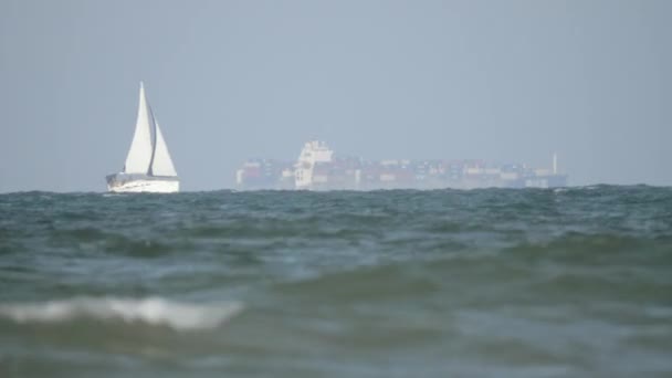 Sailboat and cargo ship in the sea — Stock Video