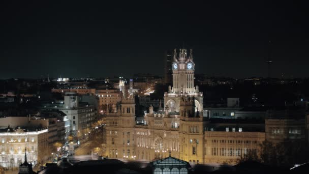 Cybele Palace gece manzarası, Madrid, Ispanya — Stok video