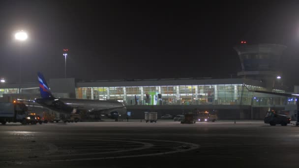 Poza terminalem D lotniska Szeremietiewo, Widok nocny. Moskwa — Wideo stockowe