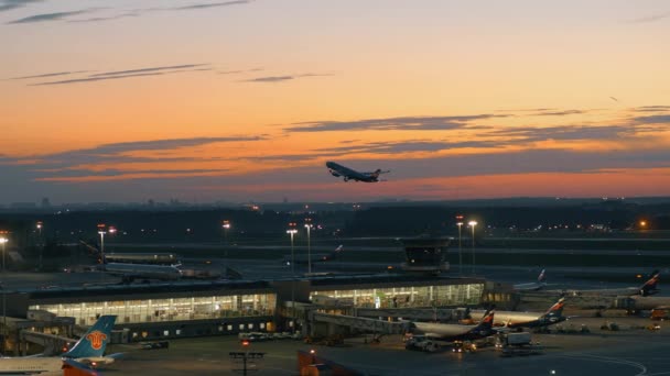 Vista noturna de aviões no Terminal D do Aeroporto de Sheremetyevo em Moscou, Rússia — Vídeo de Stock