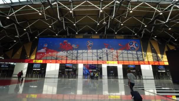 Russland 2018 FIFA-WM-Banner über den Toren des Moskauer Flughafens Scheremetjewo — Stockvideo