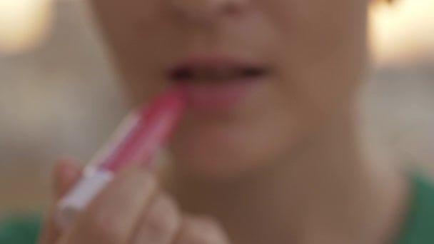 Beauty and care with Labello lip balm stick — Stock Video