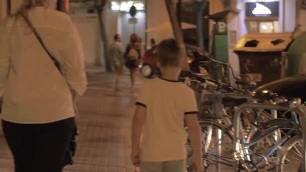 Žena s dětskou kočárem a se starším synem, který chodí po večerní ulici — Stock video