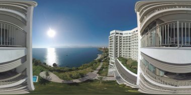 Otelden güneş ışığı ile 360 Vr Amazing deniz sahnesi. Türkiye'de Tatil
