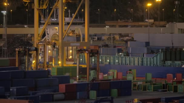 Containerhafen mit Arbeitskran und Fahrzeugen — Stockvideo