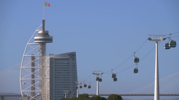 Lissabon Szene mit telecabine Nordstation und Vasco da Gama Brücke, portugal — Stockvideo