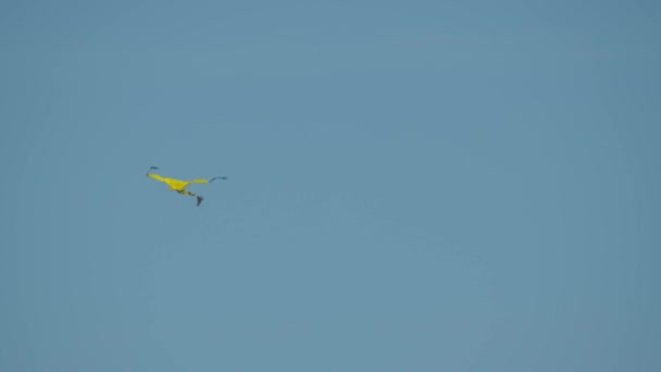 A bright yellow kite flying in clear sky — Stock Video