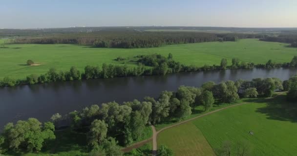 Ένα ποτάμι μεταξύ αγρών και δασών — Αρχείο Βίντεο