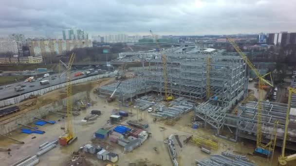 Construction site with steel structures in Moscow, aerial view — Stock Video