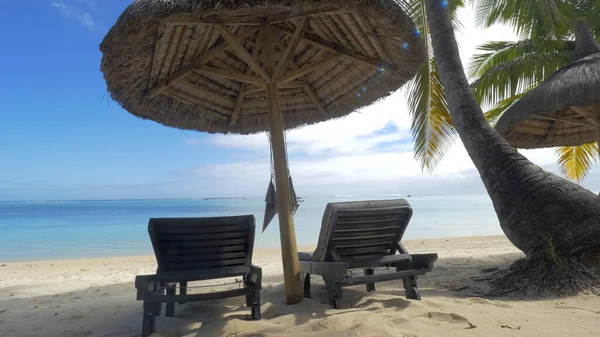 Вид на пустые шезлонги возле родного солнечного зонта и пальмы против голубой воды, остров Маврикий — стоковое фото