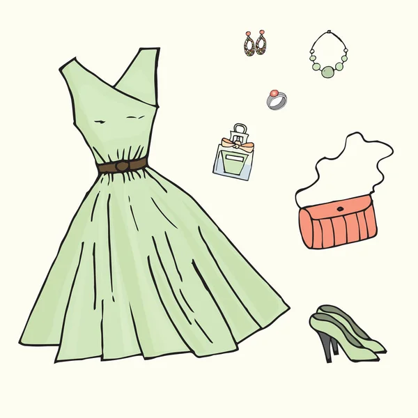 녹색 드레스와 그것에 다양 한 액세서리 — 스톡 벡터