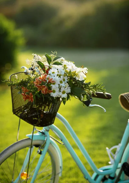 Krásné modré kolo s košíkem květin — Stock fotografie