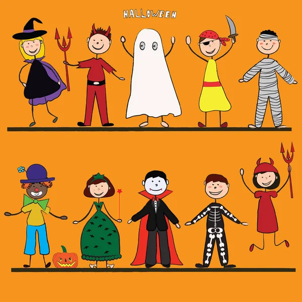 Glad Halloween Roliga Små Barn Färgglada Dräkter Vektorillustration — Stock vektor