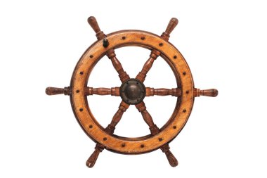 İzole Vintage ahşap ve pirinç gemi direksiyon beyaz arka plan ile