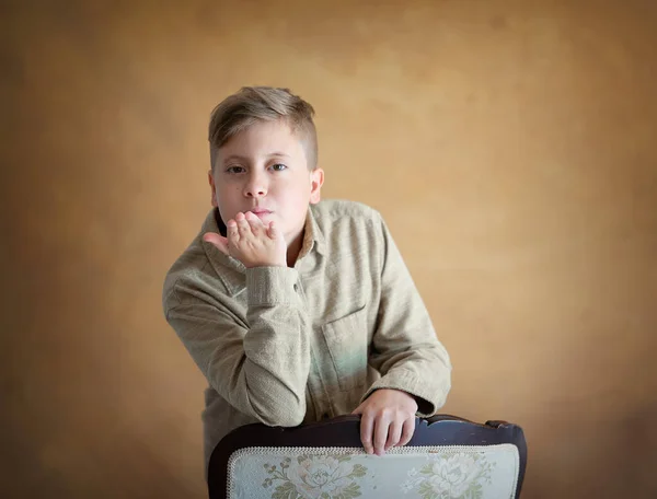 Portrait Happy Teen Boy Blows Air Kissy Child Sending You — Stock Photo, Image