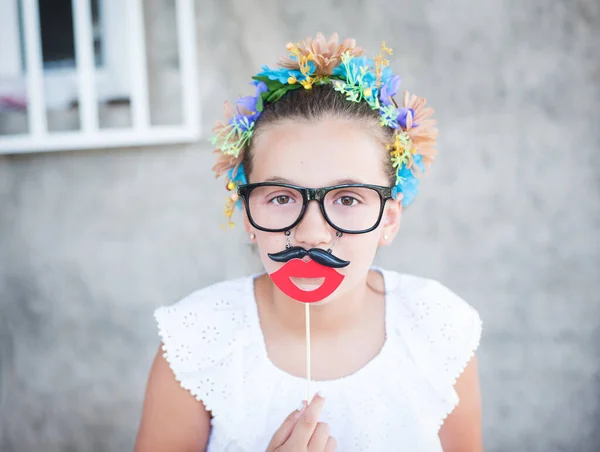 Beautiful Girl Santa Beard Mustache Prop Mask — Stock Photo, Image