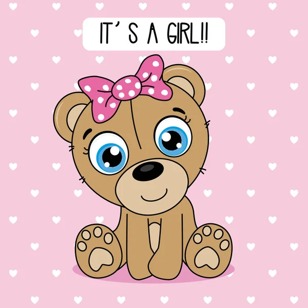 Baby Shower Card Cute Bear Pink Bow — Stockvector