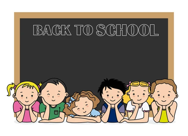 Terug Naar School Kaart Groep Kinderen Met Schoolbord Met Ruimte — Stockvector