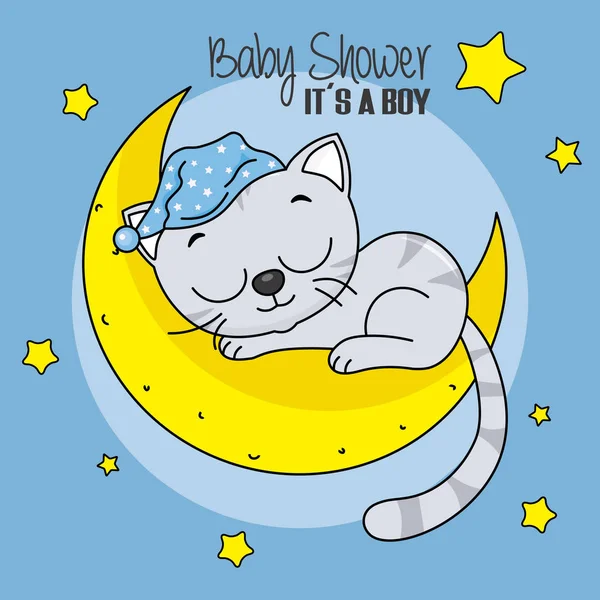 Хлопчик Дитячим Душем Кіт Спить Місяці — стоковий вектор