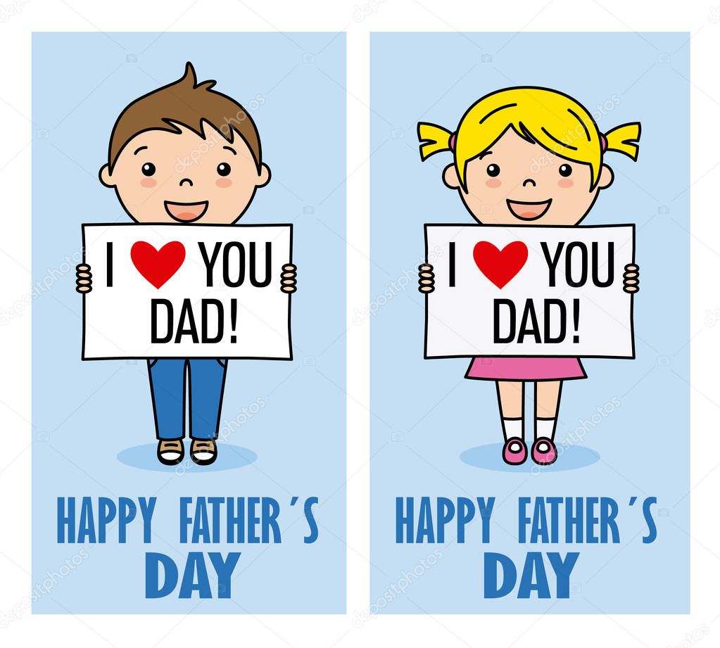 happy fathers day. boy and girl with poster of I love you dad