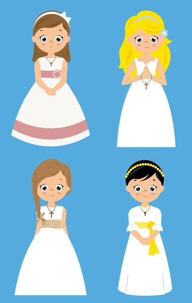 Conjunto Cuatro Niñas Con Vestido Ceremonia — Vector de stock