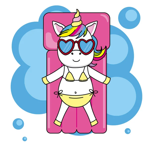 Unicornio Con Gafas Sol Bikini Tomando Sol Colchón Playa — Vector de stock