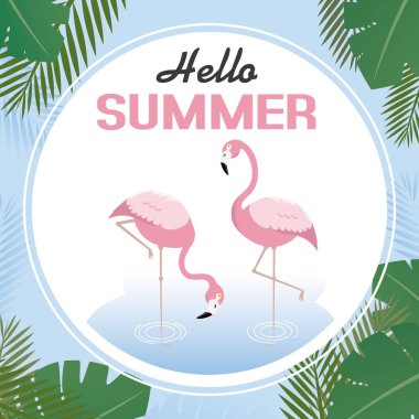 yaz için tropikal kart. Flamingolar palmiye yaprakları ile