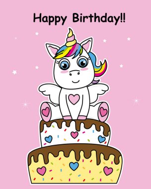 Doğum günü kartı. Tek boynuzlu at bir pasta üstüne
