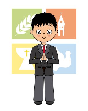 İlk cemaat kartı. Dua eden çocuk dini simgeler ile