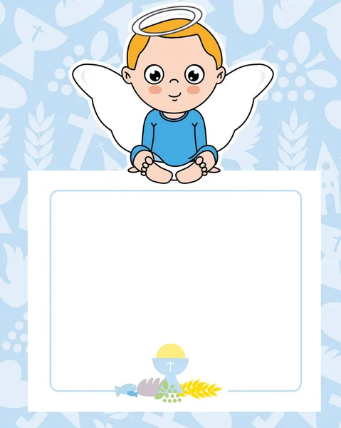 聖体拝領のカード フレームの上に座っての翼を持つ天使の男の子 テキストのためのスペース — ストックベクタ