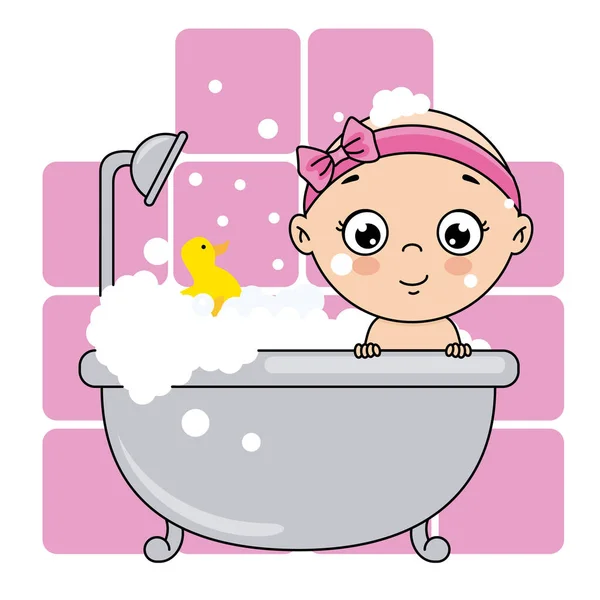 Baby Girl Bathing Bathtub Baby Shower Card — Stockvector