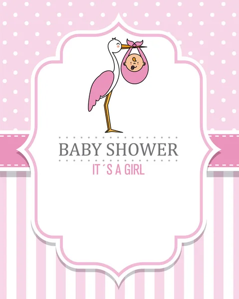 Baby Shower Girl Cicogna Con Bambino Spazio Testo — Vettoriale Stock