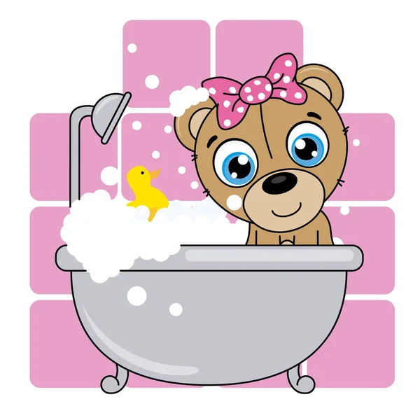 Cartão Banho Bebé Urso Desenho Animado Bonito Banheiro Fundo Rosa — Vetor de Stock