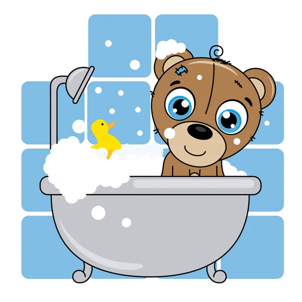 婴儿沐浴卡 可爱的卡通熊在浴室的蓝色背景 — 图库矢量图片