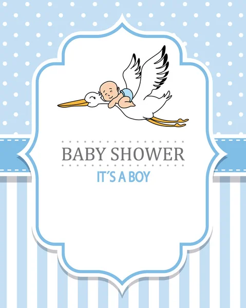 Baby Shower Boy Cigüeña Con Bebé Espacio Para Texto — Vector de stock