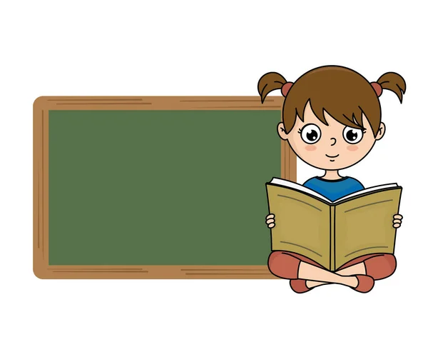 テキストのためのスペースと黒板の横に本を読む少女 — ストックベクタ