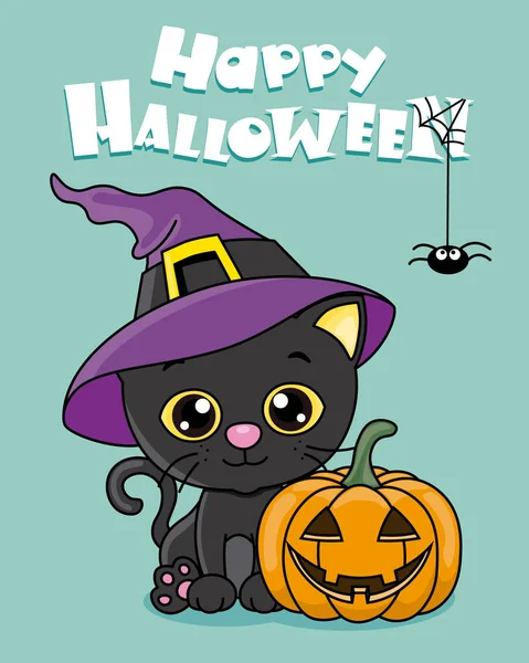 Happy Halloween Kaart Zwarte Kat Met Heks Hoed Een Pompoen — Stockvector