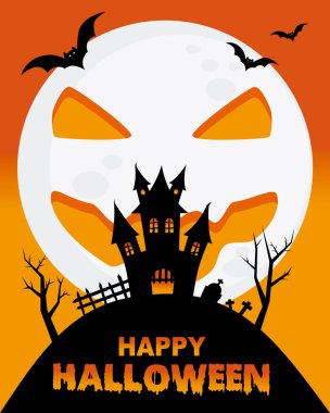 Mutlu Cadılar Bayramı poster. Dolunay arka plan üzerinde korkunç kale