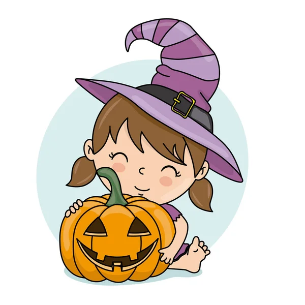 Halloween Card Girl Dressed Witch Pumpkin — Stock Vector