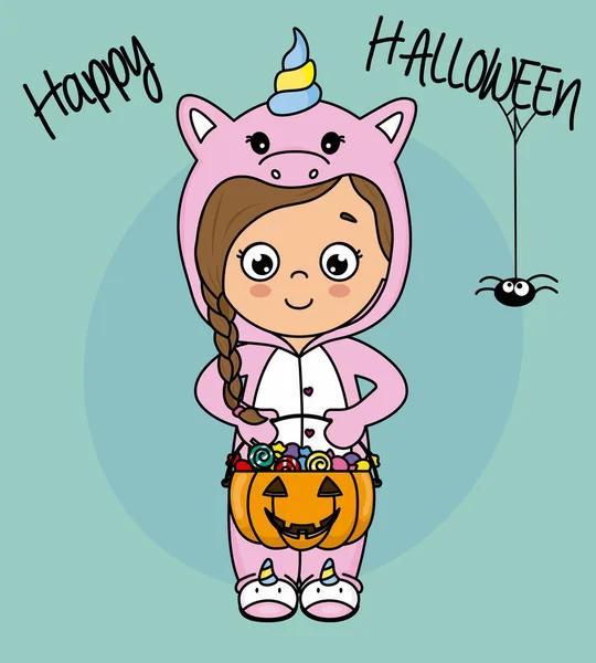 Happy Halloween Card Girl Dressed Unicorn Candy — Stock Vector