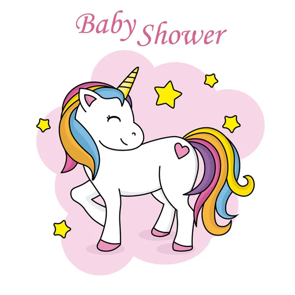 Cartão Banho Bebé Unicórnio Bonito Cercado Por Estrelas — Vetor de Stock