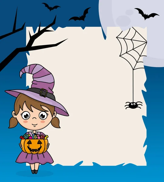 Feliz Poster Halloween Menina Vestida Como Doce Bruxa Espaço Para — Vetor de Stock