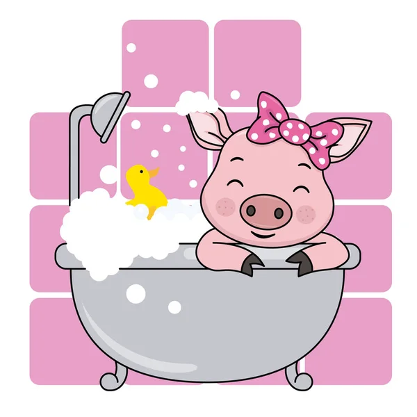 Cartão Banho Bebé Porco Desenho Animado Bonito Banheiro Fundo Rosa — Vetor de Stock