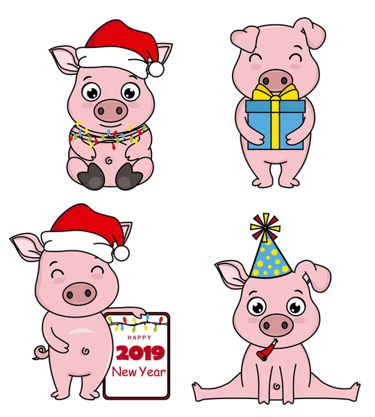 Ställa Cartoon Svin Firar Jul Och Kinesiska Nyåret — Stock vektor