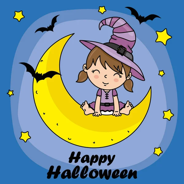 Happy Halloween Poster Girl Dressed Witch Sitting Moon — Stock Vector