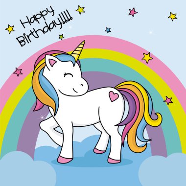 Tek boynuzlu at kartı bulutlar ve gökkuşağı üzerinden