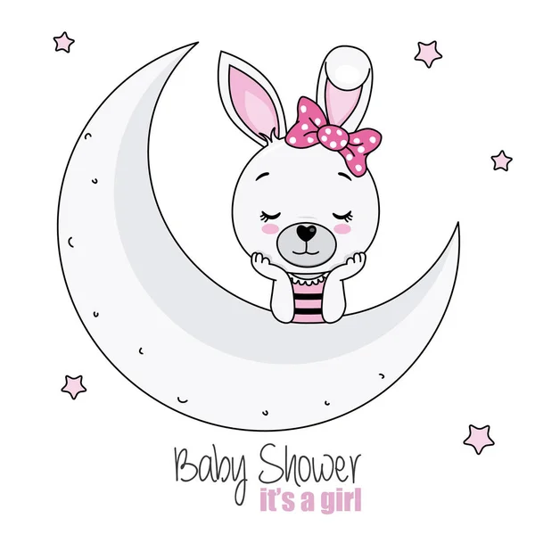 Bebê Chuveiro Cartão Menina Menina Coelhinho Bonita Lua —  Vetores de Stock