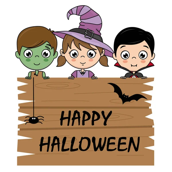 Niños Vestidos Halloween Con Cartel — Vector de stock