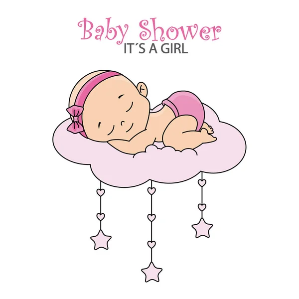 Baby Shower Girl Bébé Fille Dormir Sur Nuage — Image vectorielle