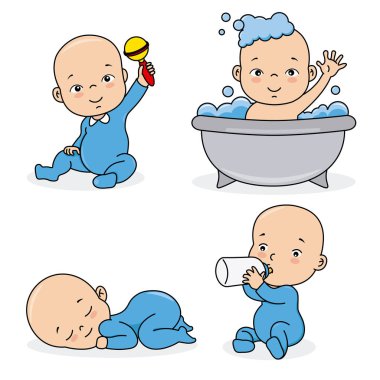 Bebek Mavisi oynarken, yemek, uyku ve banyo ayarlayın. İzole vektör